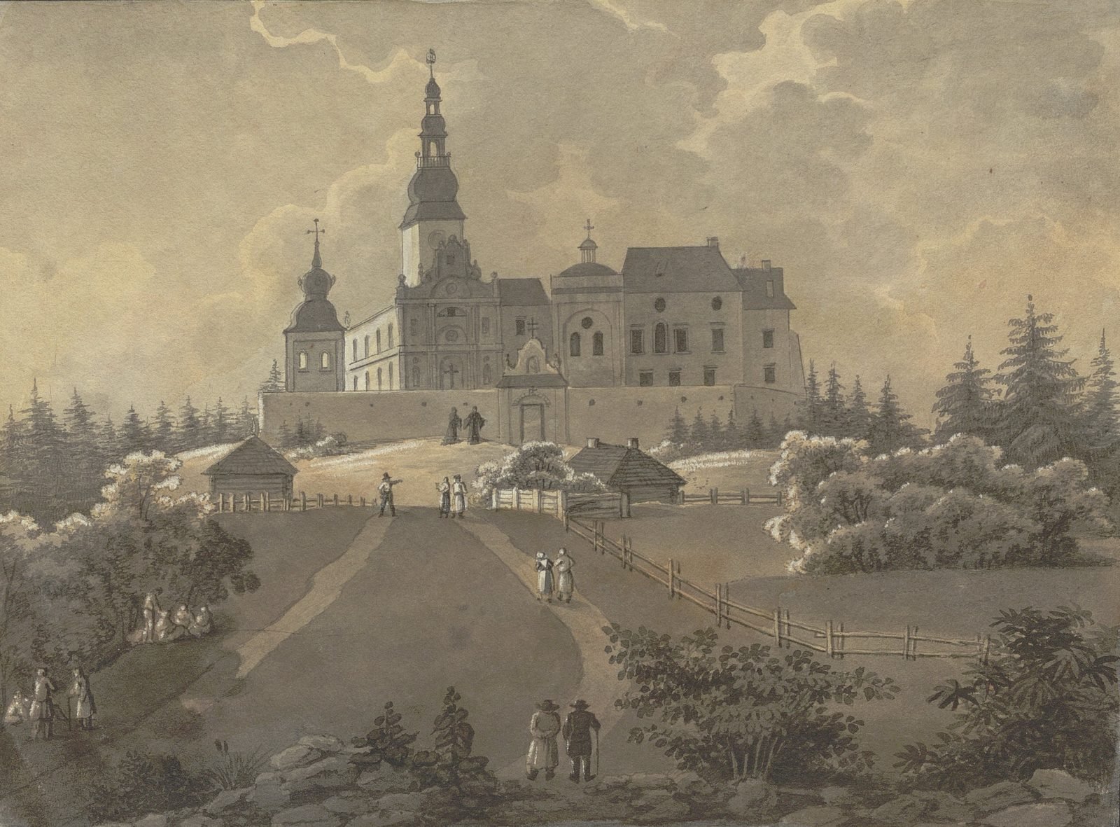 Watercolour view of the church and monastery of the Holy Cross on Łysa Góra, 1825–1850